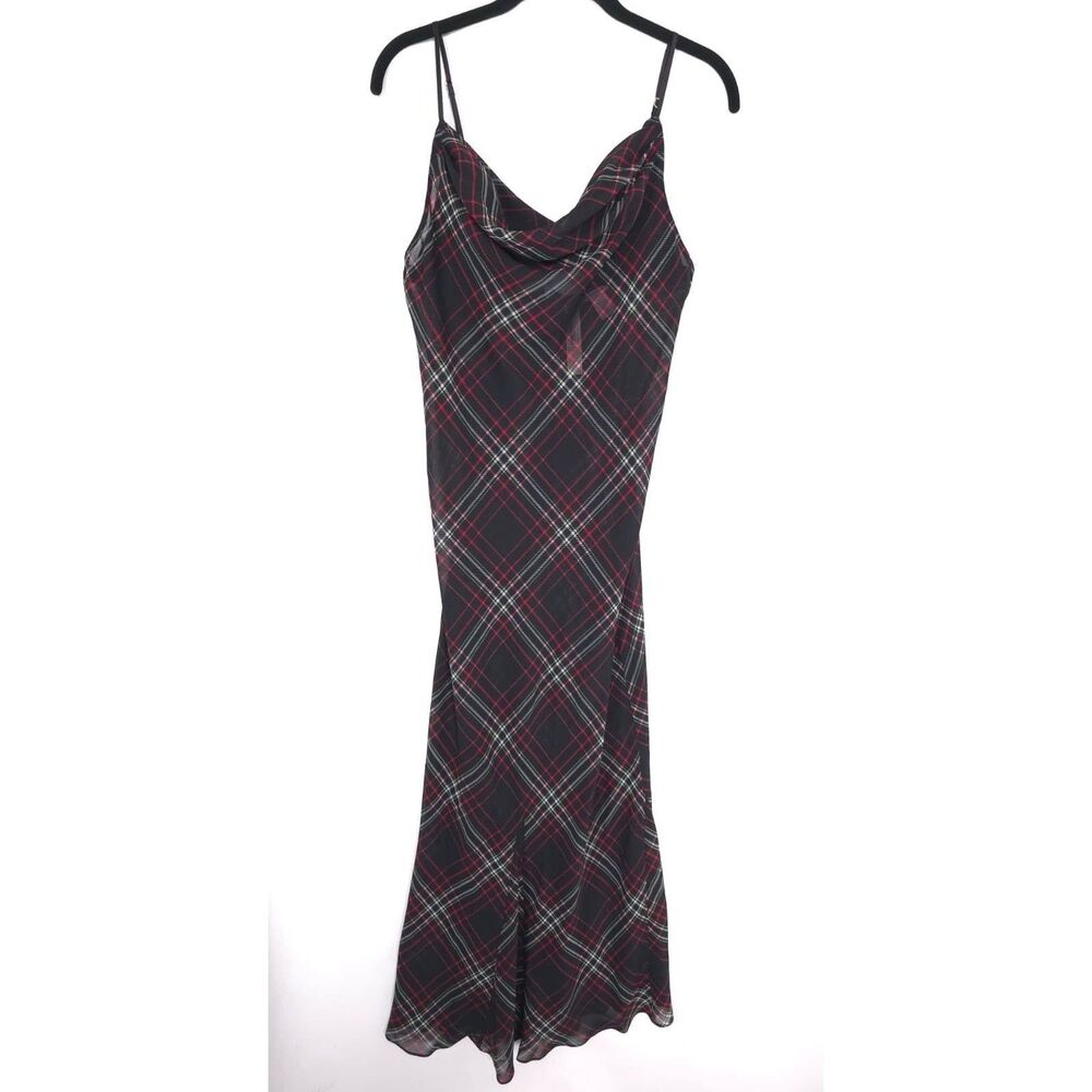 VICTORIA'S SECRET Women’s New Maxi Dress SMALL Black Plaid Tartan Chiffon Slip